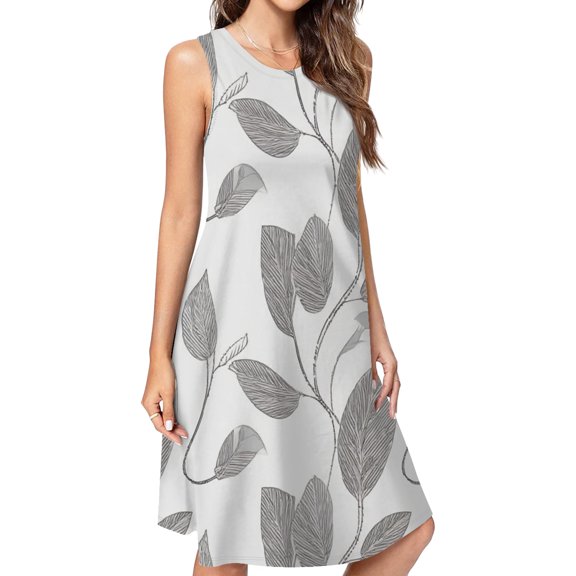 Grey Leaves Elegant Seamless Pattern Spring Summer Dresses For Women Fashion Dress Casual Sleeveless Loose Sundress With Pockets
