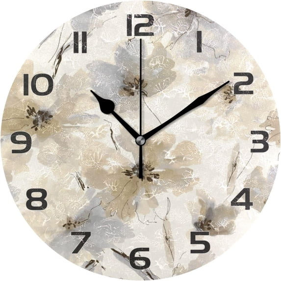 Grey Leaves Flower Round Wall Clock, 9.84 inch Silent Wall Clock for Bedroom, Bathroom, Office, Living Room Home Decor