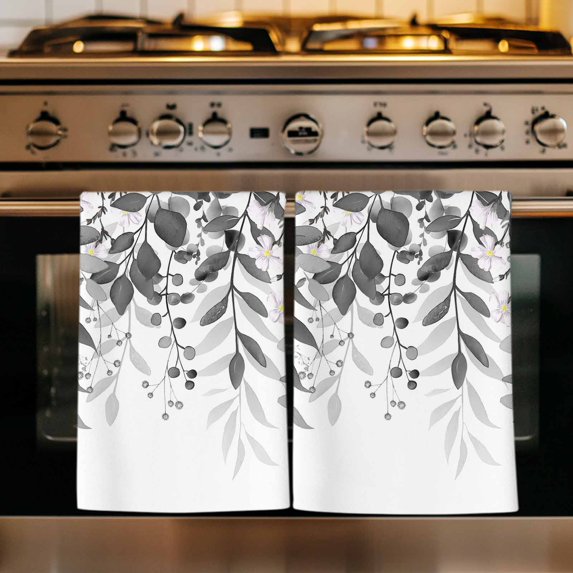 Grey Leaves Kitchen Towels Set of 3, Summer Botanical Absorbent Dish Towels for Kitchen, Microfiber Hand Towel, Quick Drying Tea Towel for Cleaning Decorative Dishcloths Watercolor Weeping