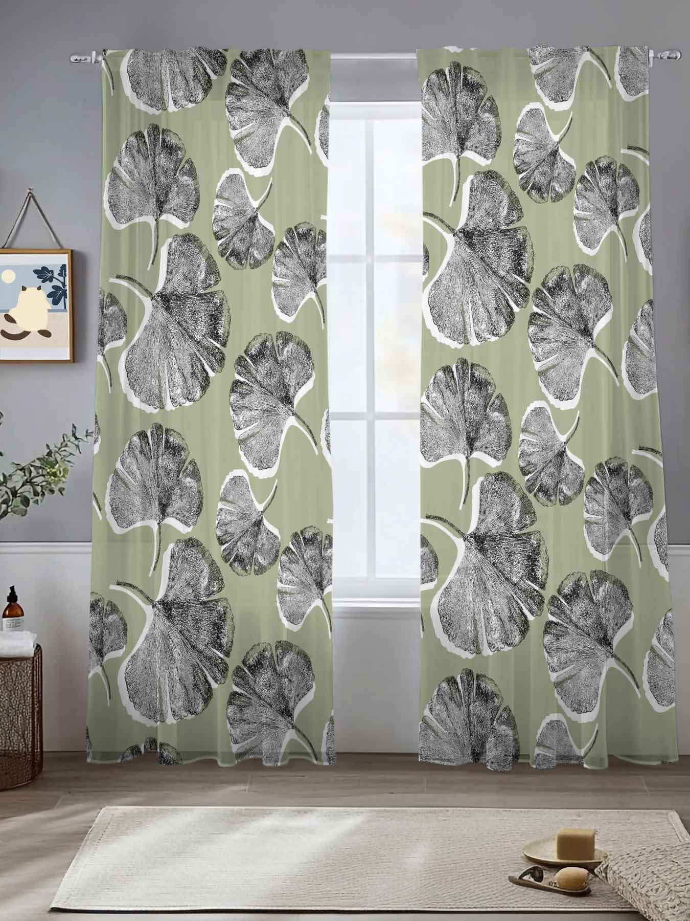 Grey Leaves Sheer Curtains for Living Room Bedroom Vintage Abstract Art