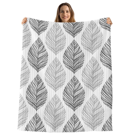 Grey Leaves Throw Blanket, Flannel Fleece Blanket with Striped Design for Couch, Gray Summer Tropical Plant Aesthetics Soft Breathable All Season Plush Blankets for Sofa Office Bed 50"x60"