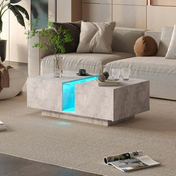 Grey Led Coffee Table for Living Room, Rectangular Living Room Table with Storage, Acrylic Coffee Tables with 2 Sliding Drawers, Wood Center Table for Reception Dinning Room