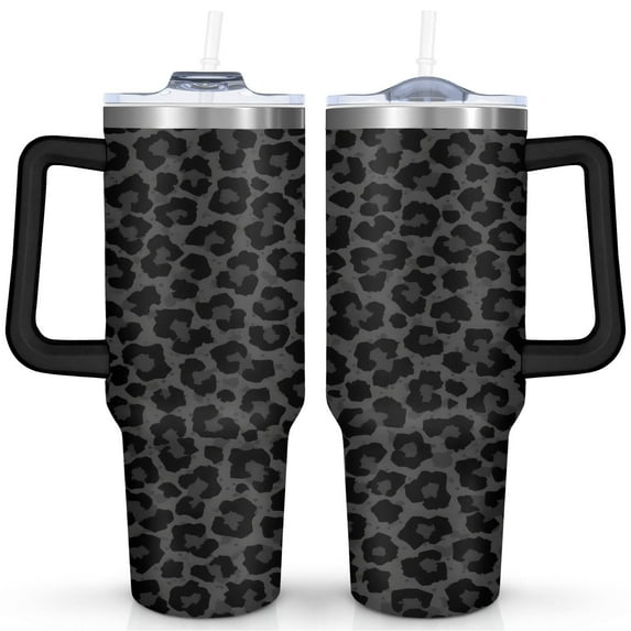 Grey Leopard Print 40 Oz Tumbler with Handle Lid and Straw, Stainless Steel Double Walled Vacuum Insulated Cup, Cute Anniversary Wedding Birthday Gifts Tumbler for Women Men Friends Outdoor Indoor