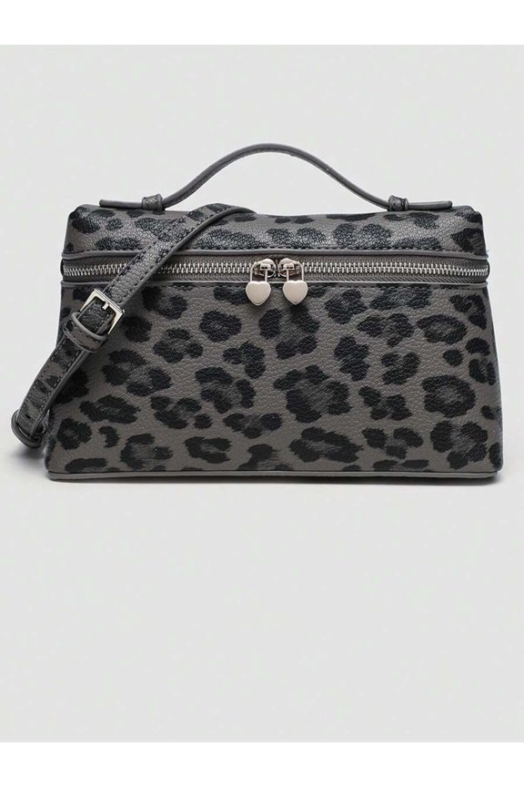 Grey Leopard Print PU Square Crossbody Bag With Top Handle And Heart