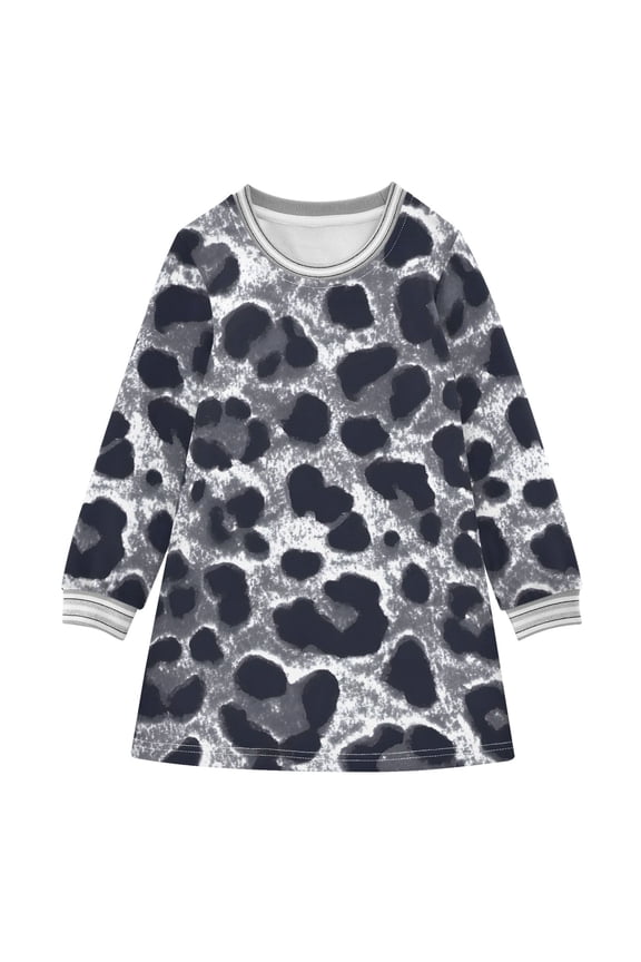 Grey Leopard Print Pattern Girls'long-sleeved dress Thickened A-dress Warm Dress Basic Shirt Party Dresses