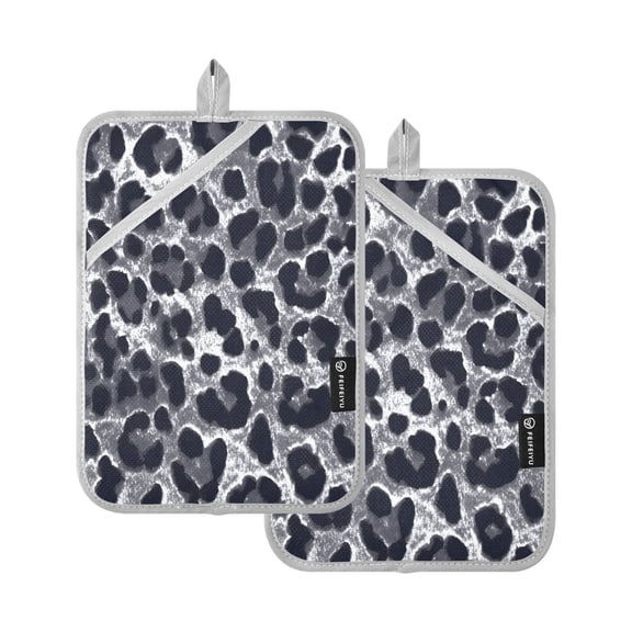Grey Leopard Print Pattern Pot Holder Set 2 Piece Non-Slip Oven Hot Pads Heat Resistant Durable 7x9.8in