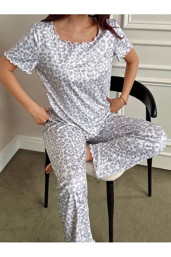 Grey Leopard Print Ribbed Knit Short Sleeve Pajama Set With Ruffle Trim