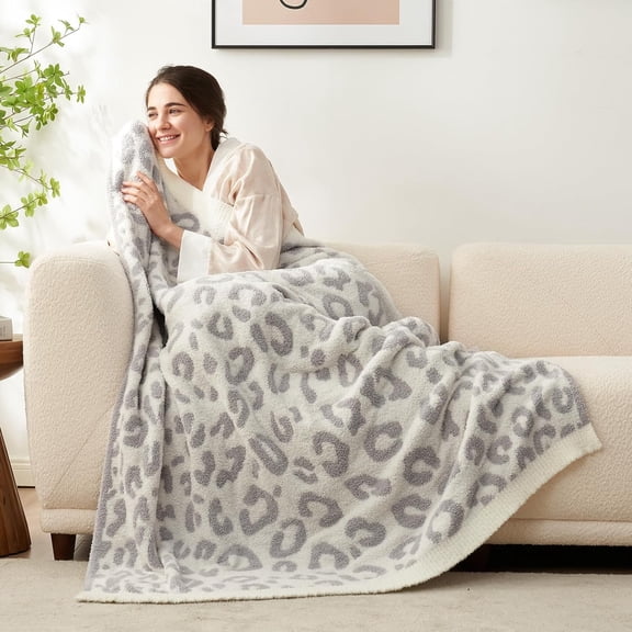 Grey Leopard Print Twin Size Throw Blanket, 60x80 Inches Ultra Soft Reversible Blanket for Couch, Bed & Sofa