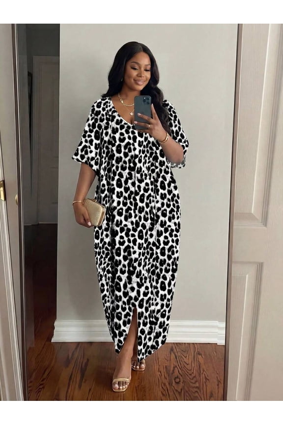 Grey Leopard Print V-Neck Loose Maxi Dress With Side Slit Casual Robe