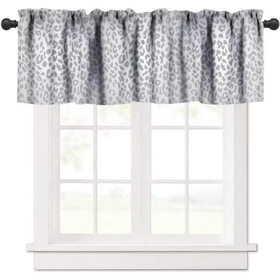 Grey Leopard Print Valance Curtain Animal Pattern Snow Cheetah Cute Beautiful Rod Pocket Valance Window Treatments 1 Panel Short Curtains for Kitchen Farmhouse Living Room 54 x 18 in