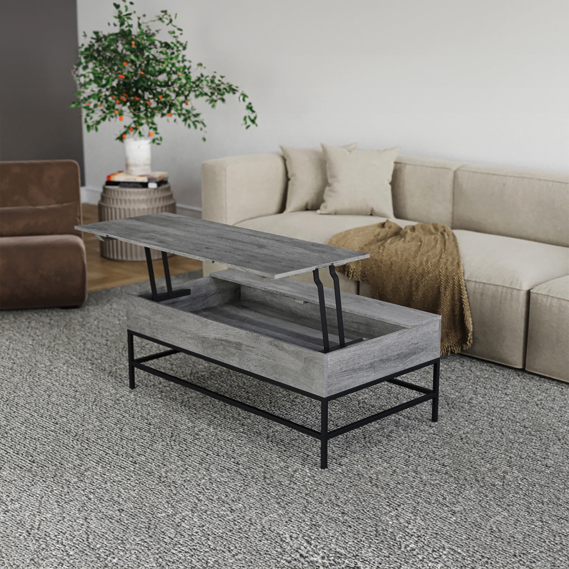Grey Lift Top Coffee Table With Natural Wood Look - Elegant Option ...