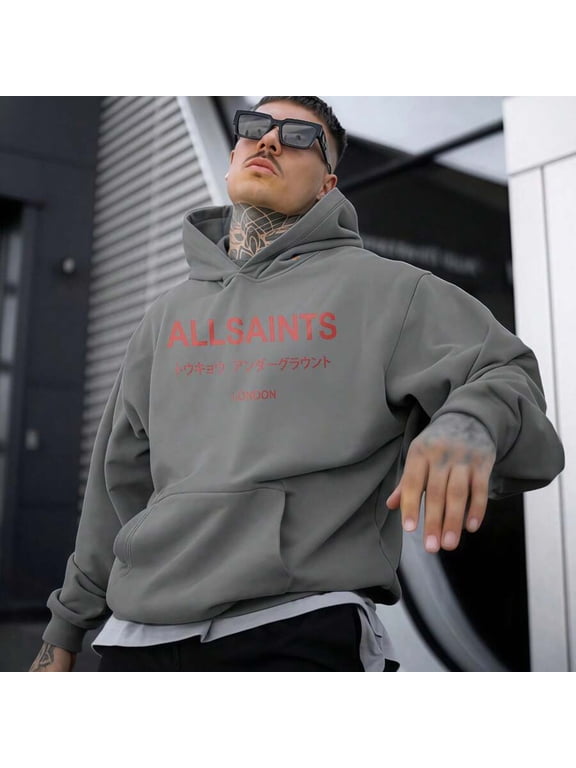 Grey Lightweight Fleece Hoodie With ALLSAINTS Print. Unisex Long-Sleeve