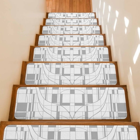 Grey Linear Grid Non-Slip Stair Treads for Wooden Steps, 15 Pack 8x30 Inches Carpet Stair Mats with Adhesive Backing, Noise-Reducing Step Covers for Indoor Stairs, Easy to Install & Residue-Free