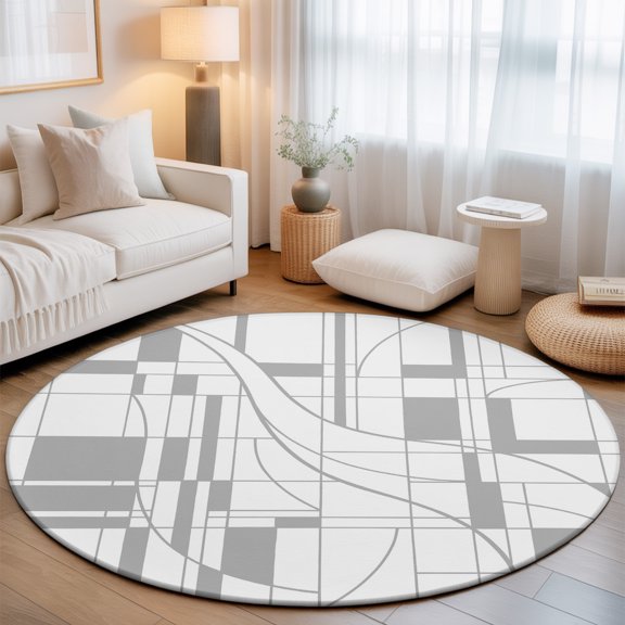 Grey Linear Grid Round Living Room Rugs 6 ft, Modern Abstract Geometric Minimalist Lines Plaid Washable Area Rug with Non-Slip Sturdy Edge Binding Round Carpet for Kitchen Office Bedroom