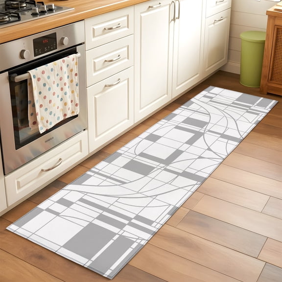 Grey Linear Grid Runner Rug Non Slip 2x6 Modern Abstract Geometric Minimalist Lines Plaid Washable Rug Runner for Hallways Low Pile Kitchen Rugs Stain Resist Carpet for Bathroom Bedroom Entryway