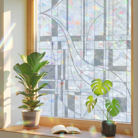 Grey Linear Grid Window Privacy Film, Modern Abstract Geometric Minimalist Lines Plaid Stained Glass Rainbow Film Decorative Window Clings, Static Cling Sun Blocking Stickers 29.5" x 118"