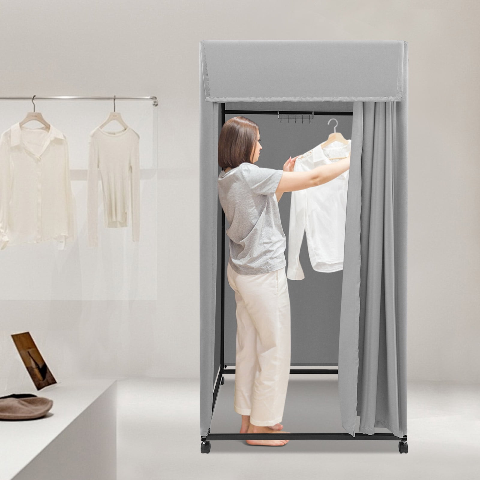 Grey Linen Cloth 100*100*200cm Mobile Fitting Room Folding Dressing ...