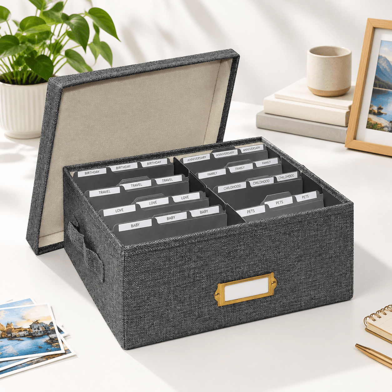 Photo Taking Box Grey Linen Photo Storage Box with Lid and Dividers, Holds Up to 2000 ...