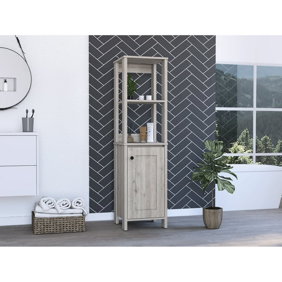 Grey Linen Storage Cabinet With 4 Shelves - 2 Internal Shelves, 1 Door, Manufactured Wood For Craft Room 4-shelf In From Open Door Cabinet,