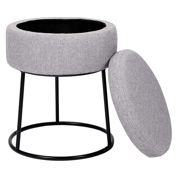 Grey Linen Storage Ottoman, Footrest Stool with Metal Legs - Compact Padded Seat for Living Room, Bedroom, Office, Vanity