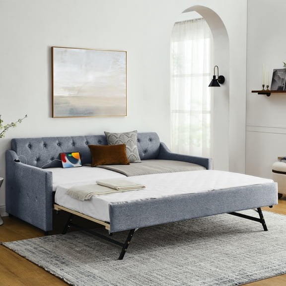 Grey Linen Twin Upholstered Daybed With Charging Socket & Removable Trundle, Fashionable Button Design, Build For 300lbs Elegant Daybed And Erectable Firm Foundation
