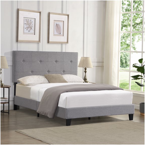 Grey Linen Upholstered Full Bed Frame, Supportive Platform Base with Headboard, Easy to Put Together
