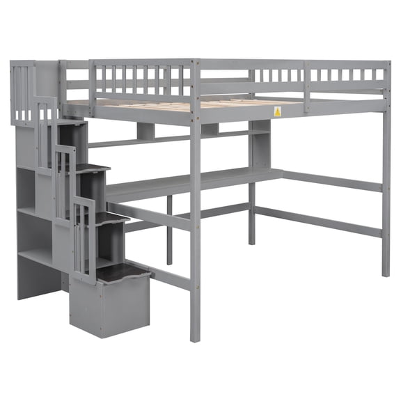 Grey Loft Bed with Staircase and Desk / Make Bed In - and - Out Easy with Wide Steps