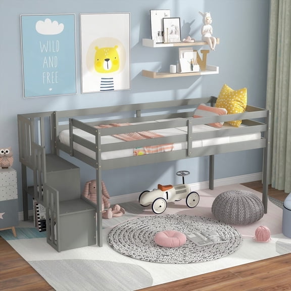Grey Loft bed having a staircase - Creates a cozy play area with storage space