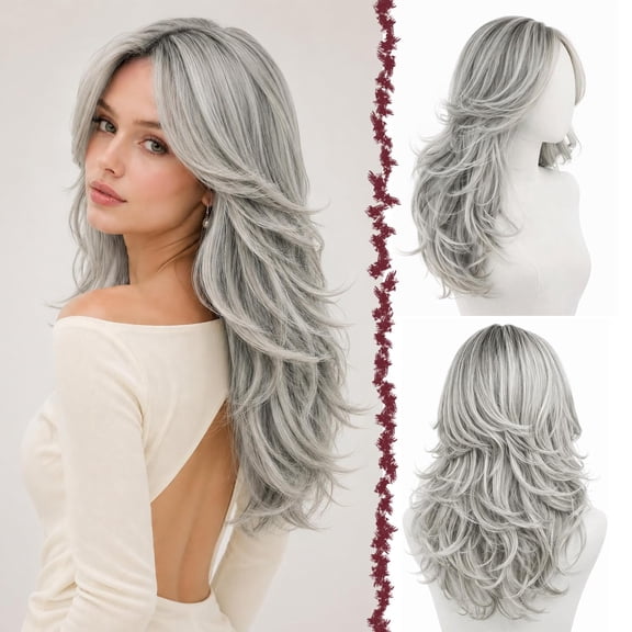 Grey Long Layered Wig with Bangs, Long Wavy Wig with Curtain Bangs(Can Be Trimmed) Natural Looking Fluffy Feathered Layers Synthetic Wigs for Women 22 Inch for Daily Party Wear