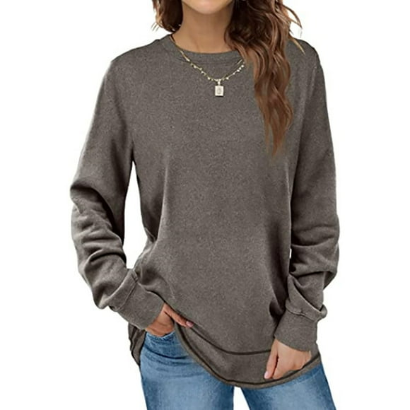 Grey Long Sleeve Curved Hem Women's Top - Simple Pure Color T-Shirt with Round Neck - Size L