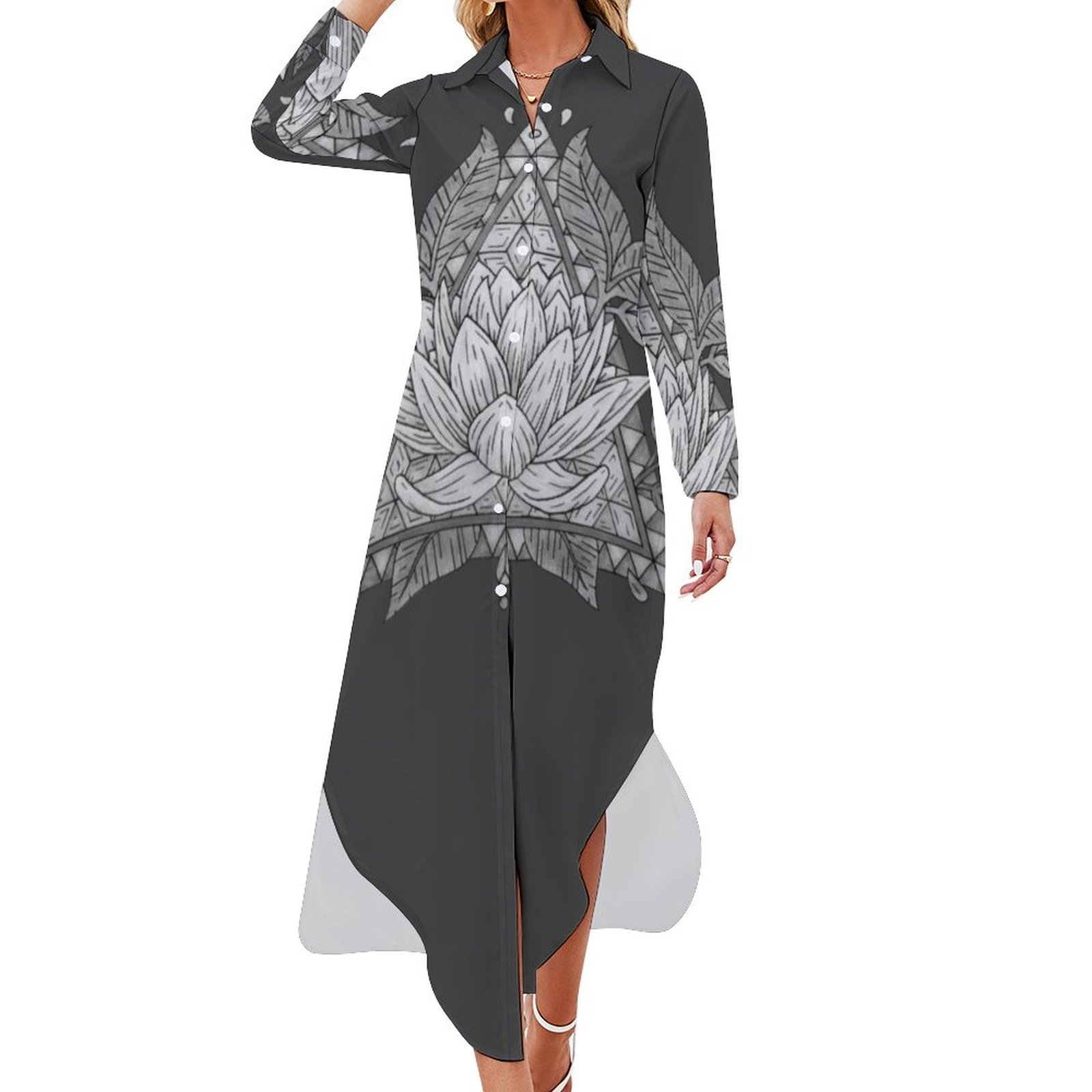 Grey Lotus Flower Geometric Design Long Sleeved Shirt Dress loose summer  dress dresses summer woman long sleeve dress