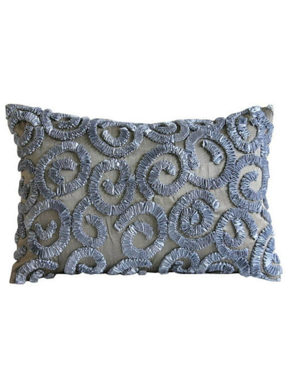 Grey Lumbar Pillow Cover, Ribbon Scrolls Lumbar Pillow Cover, 12x16 inch (30x40 cm) Lumbar Pillow Cover, Rectangle Silk Lumbar Pillow Cover, Geometric Modern - Silver Spirit