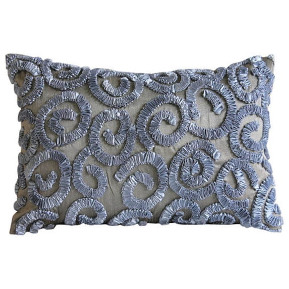 Grey Lumbar Pillow Cover, Ribbon Scrolls Lumbar Pillow Cover, 12x20 inch (30x50 cm) Lumbar Pillow Cover, Geometric Modern Lumbar Pillow Cover, Rectangle Silk - Silver Spirit