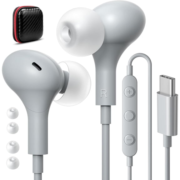 Grey Magnetic USB C Noise Isolation Wired Earbuds with Mic for iPhone Samsung Pixel