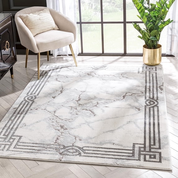 Grey Marble Border Elegant & Soft Area Rug Perfect For Bedroom & Living Room Durable Stain Resistant & Easy To Clean