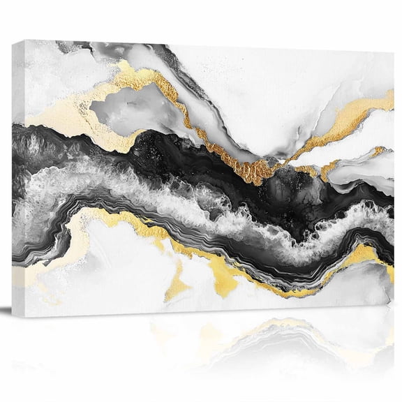 Grey Marble Canvas Print Wall Art Modern Abstract Art Gradient Grey Gold Beach Waves Pictures Painting Morden Artwork for Living Room Bedroom, Ready to Hang - 12"x16"