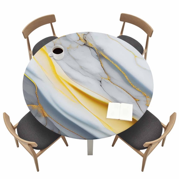 Grey Marble Fitted Tablecloth with Elastic Edged, Round Table Cloth for Dining Table, Modern Abstract Gold Ombre Aesthetic Art Waterproof Oil Proof Table Cover for Indoor Outdoor 36"-44"