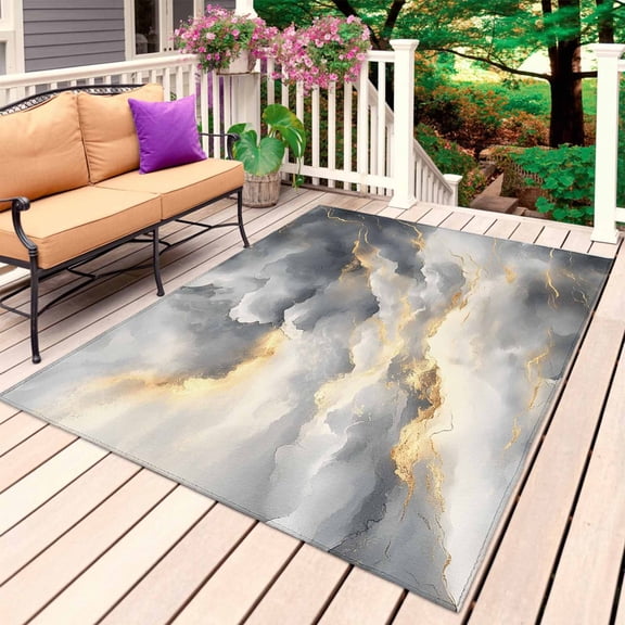 Grey Marble Outdoor Rug for Patio/Deck/Porch, Non-Slip Large Area Rug 3 x 5 Ft, Modern Abstract Ink Painted Aesthetics Indoor Outdoor Rugs Washable Area Rugs, Reversible Camping Rug Carpet Runner