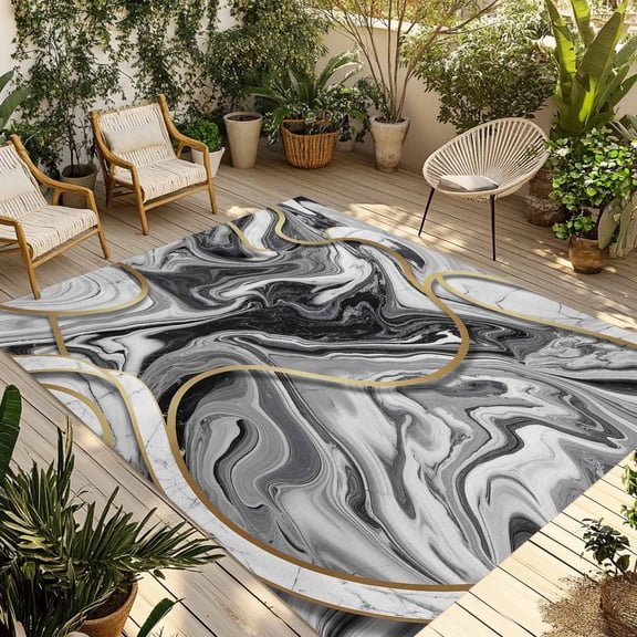Grey Marble Outdoor Rug for Patio/Deck/Porch, Non-Slip Large Area Rug 4 x 6 Ft, Modern Abstract Art Ink Painting Indoor Outdoor Rugs Washable Area Rugs, Reversible Camping Rug Carpet Runner