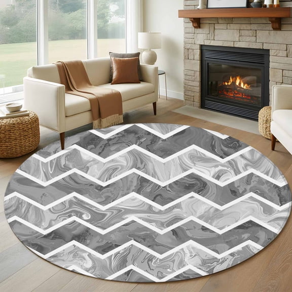 Grey Marble Round Area Rug 5 FT, Non Slip Bedroom Area Rug, Modern Abstract Art Aesthetics Geometric Washable Soft Circular Carpet Non-Shedding Floor Mat for Kitchen Dining Room Foyer Balcony Dorm