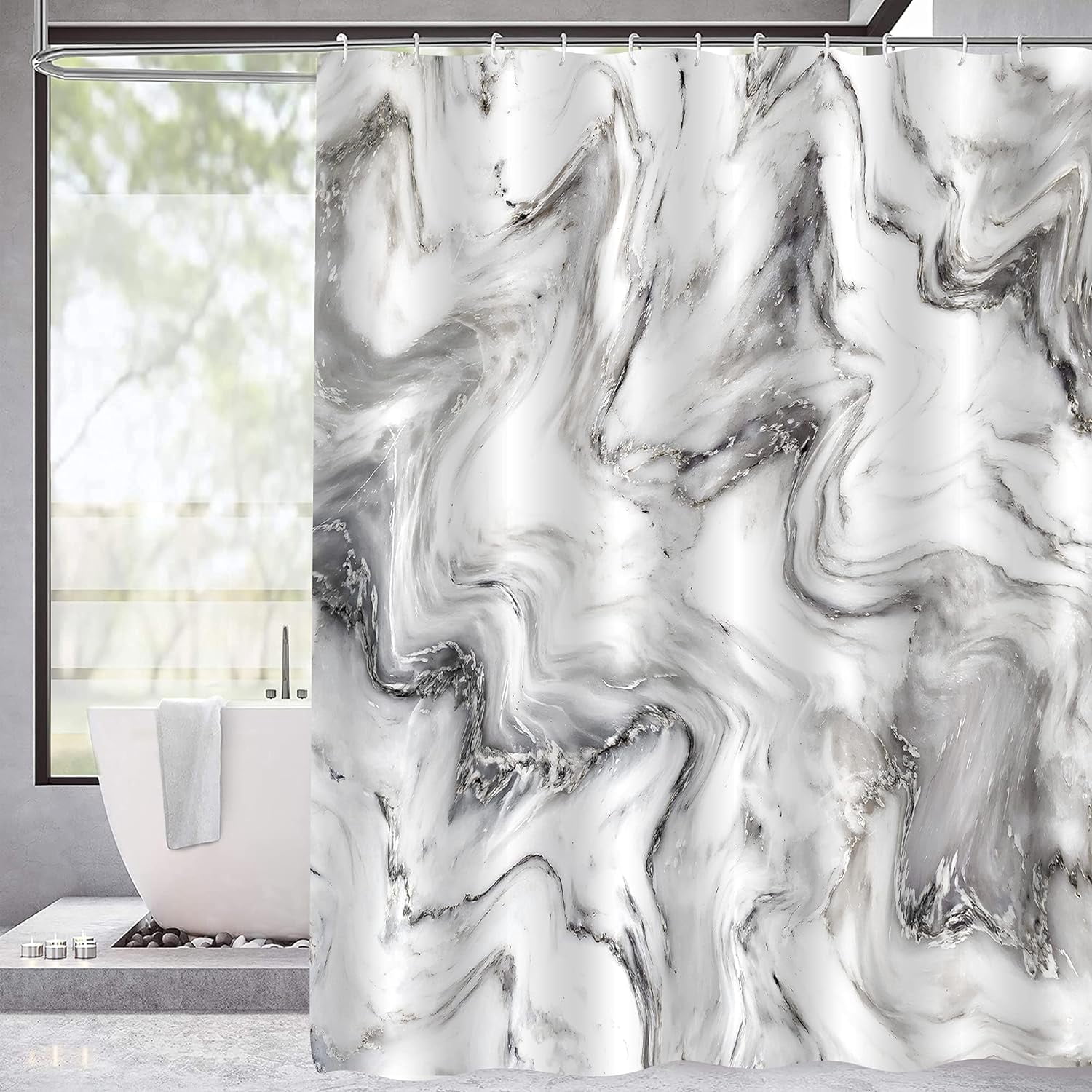 Grey Marble Shower Curtain Set, Abstract Modern Shower Curtain for Bathroom Decor, Luxury Standard Shower Curtain for Bathtub, Waterproof Washable Fabric Shower Curtain, 72 x 72