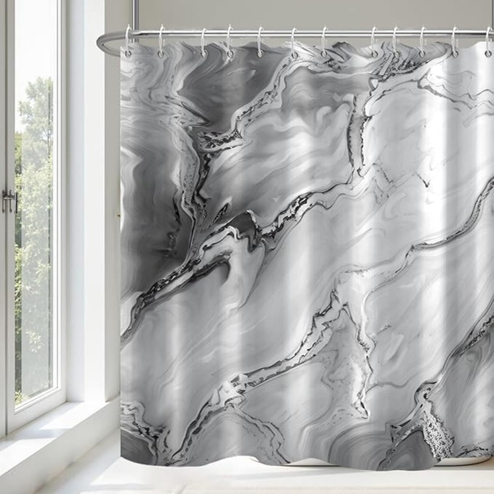Grey Marble Shower Curtain Waterproof Fabric Shower Curtain With Hooks ...
