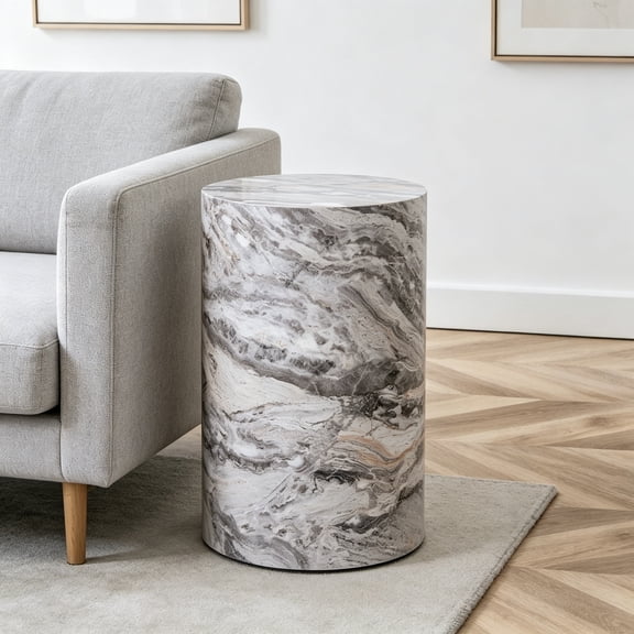 Grey Marble Small Coffee Table, Modern Drum-Shape Bedside Table Nightstand for Bedroom, Living Room, Round Faux Marble Side End Table Beside Sofa Couch, Fully Assembled, 12" x 12" x 19.7" H