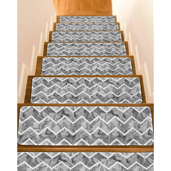 Grey Marble Stair Treads for Wooden Steps Indoor Runner Rug Carpet, Modern Abstract Art Aesthetics Geometric 7 Pieces Peel and Stick Staircase Step Treads Covers Washable Throw Door Mats, 30"x8"