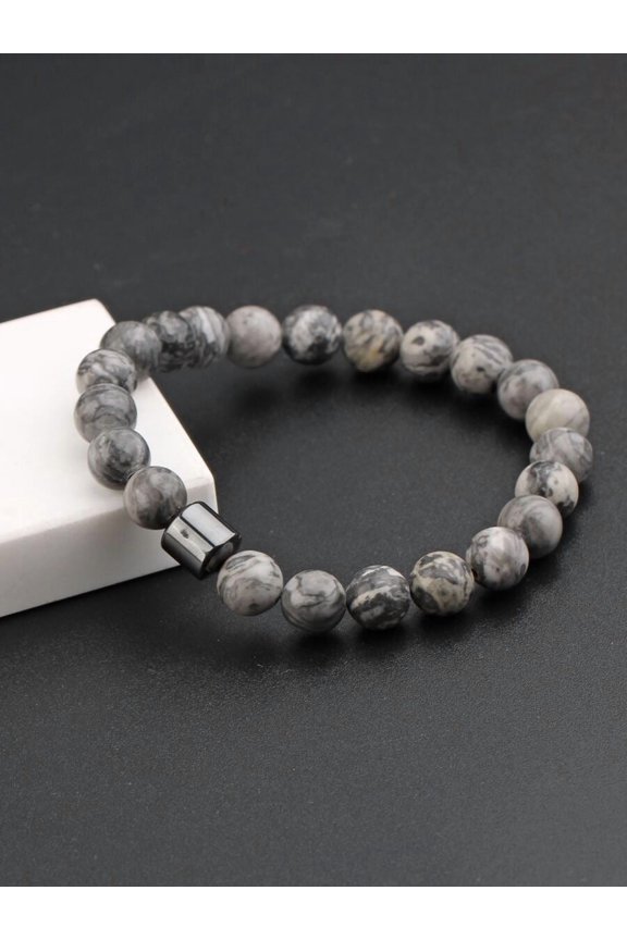 Grey Marble Stone Beaded Stretch Bracelet For Men