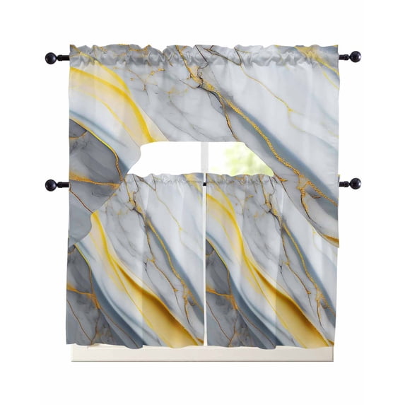 Grey Marble Swag Kitchen Curtains Sets for Windows 24 Inch Length, Modern Abstract Gold Ombre Aesthetic Art Short Window Curtain Panels Swags Valances and Tiers 3 Piece Set for Cafe/Dining Room
