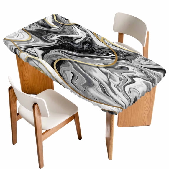 Grey Marble Table Cloths for 5 Foot Rectangle Tables, Modern Abstract Art Ink Painting Patio Waterproof Elastic Fitted Tablecloths, Washable Rectangular Table Cover for Camping