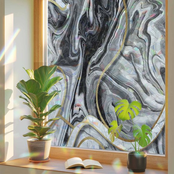 Grey Marble Window Privacy Film, Gradient Marble Modern Abstract Stained Glass Rainbow Film Decorative Window Clings, Static Cling Sun Blocking Stickers 19.6" x 39.3"