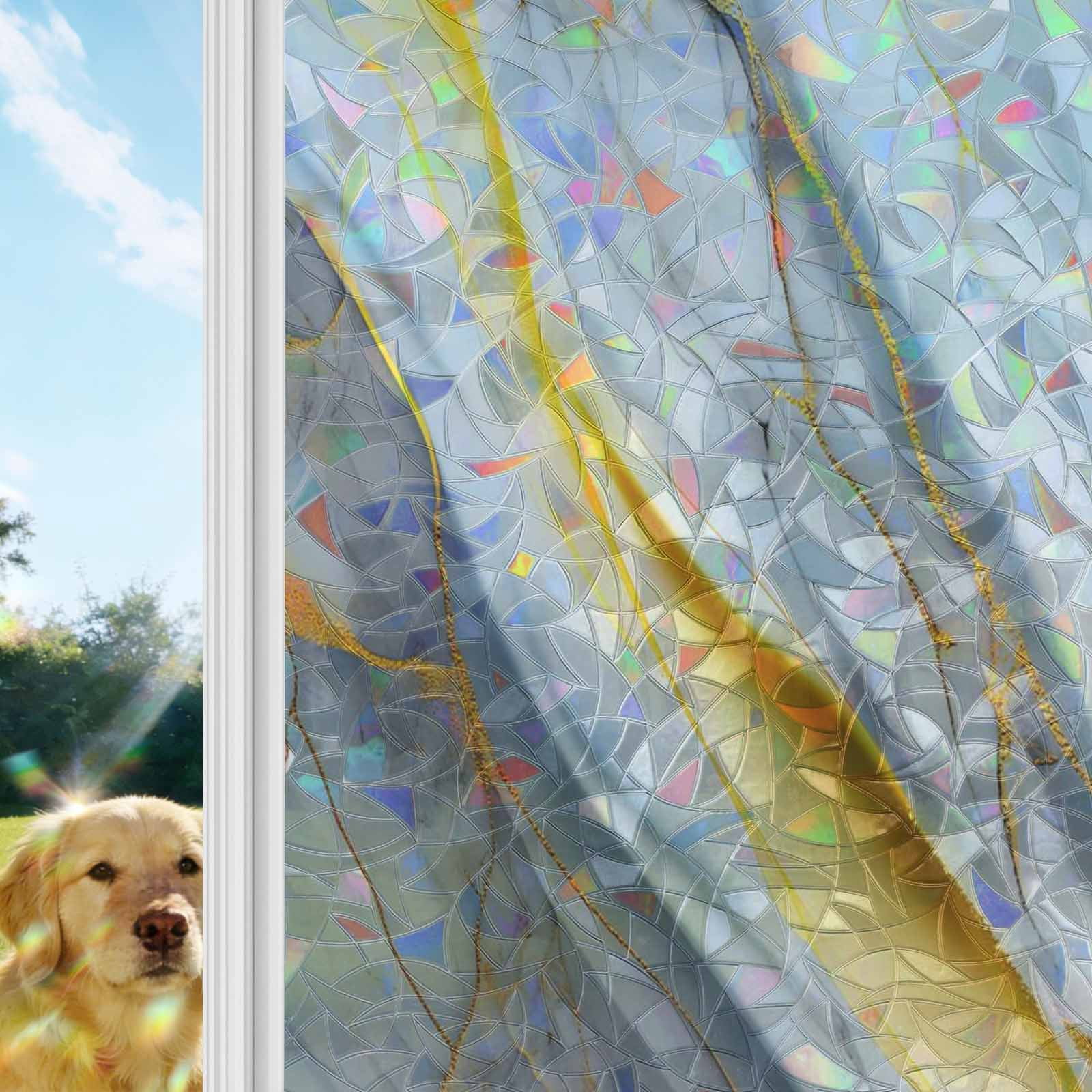 Grey Marble Window Privacy Film Stain Glass,Reusable Decorative Rainbow Window Film,Modern Abstract Gold Ombre Aesthetic Art Static Cling Sun Blocking Stickers Decals Covers 23.6" x 78.7" (2pcs)