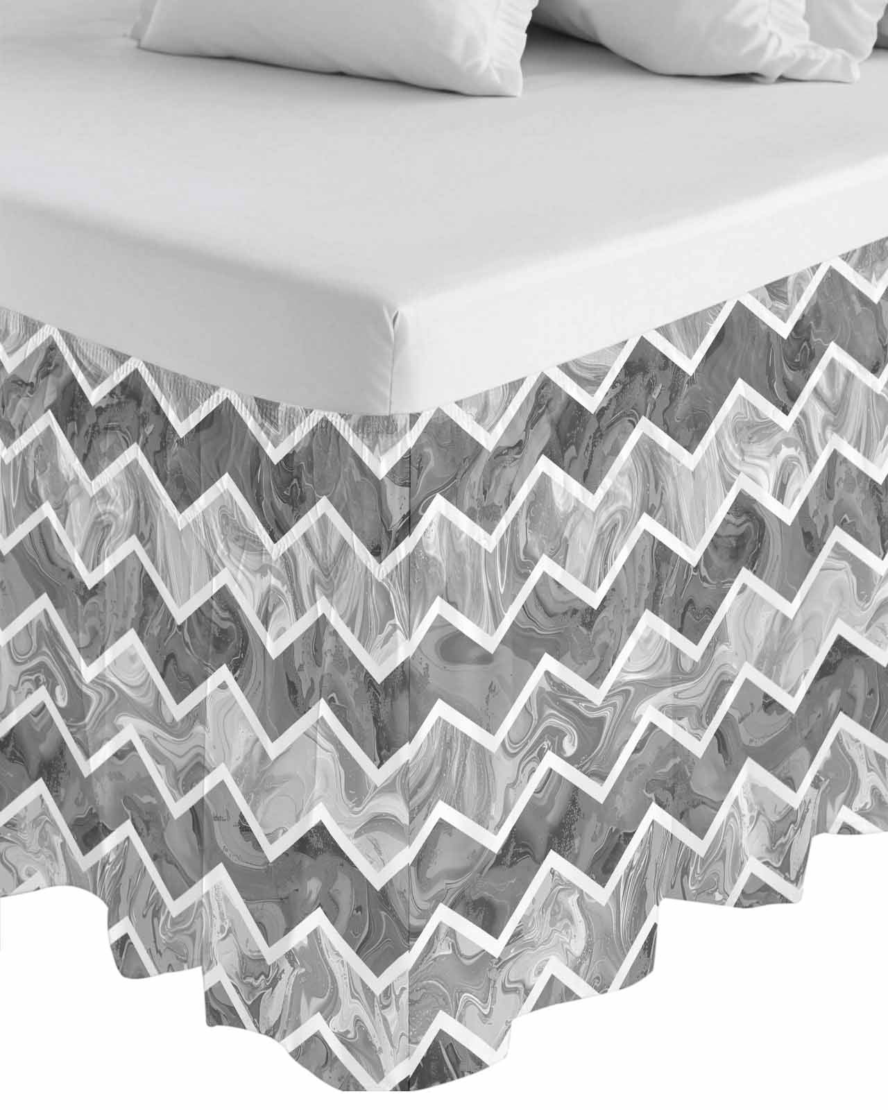 Grey Marble Wrap Around Bed Skirts for Queen Bed 16" Drop,Bed Skirt with Adjustable Elastic Belt Dust Ruffle Bed Valance for Bedroom Hotel Modern Abstract Art Aesthetics Geometric Bed Frame Cover
